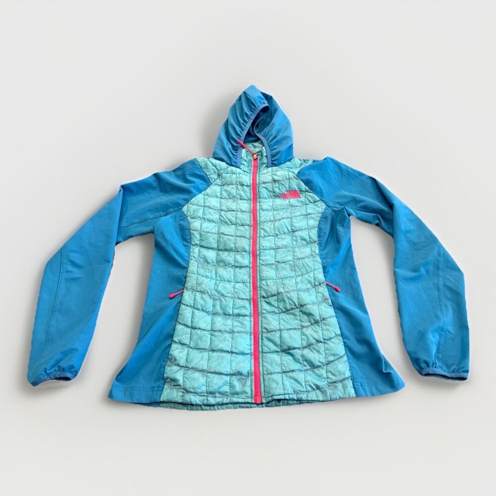 The North Face Womens Blue Pink Puffer Thermoball Full Zip Hooded Jacket Size S
